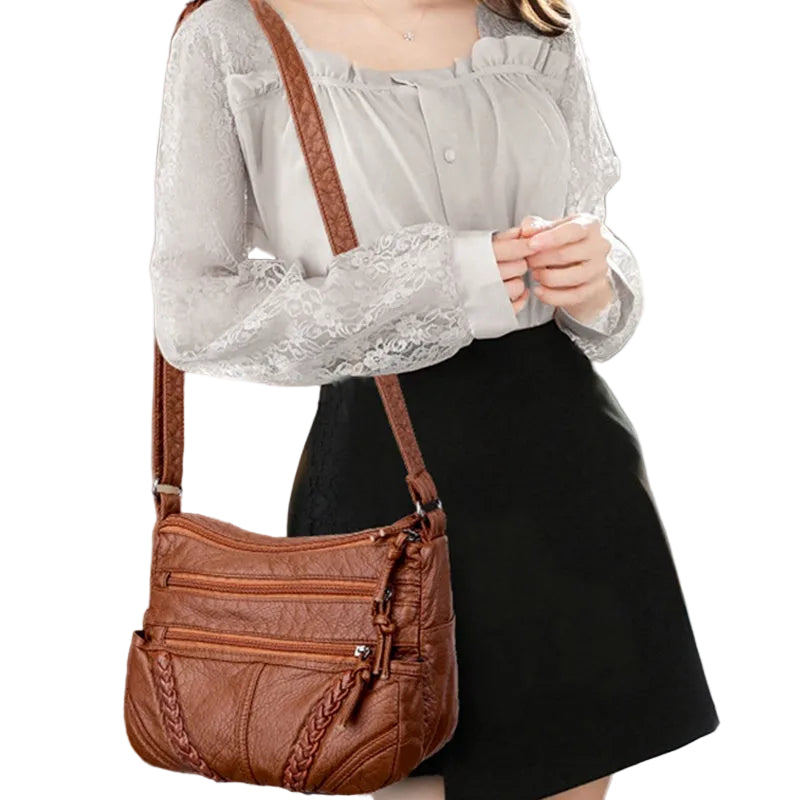 Women’s Soft Leather Shoulder Bag – Multi-Zip Everyday Handbag for Organised Carry