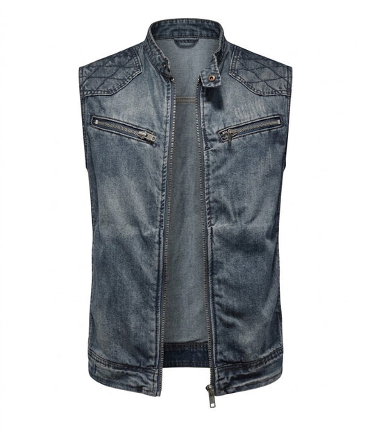 Men’s Distressed Denim Biker Vest – Zip-Front Sleeveless Layer with Quilted Shoulders and Chest Pockets