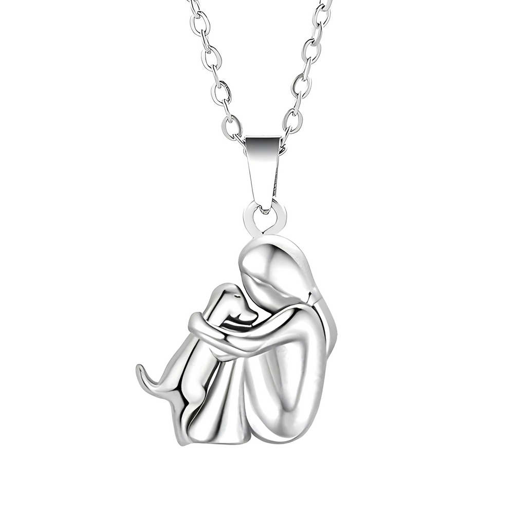 Women’s Dog Love Pendant Necklace – Two-Tone Human and Dog Embrace Charm for Everyday Wear and Gifting