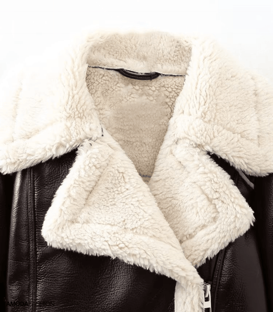Women’s Faux-Leather Shearling Biker Jacket – Cropped Warm Aviator Layer for Winter Styling