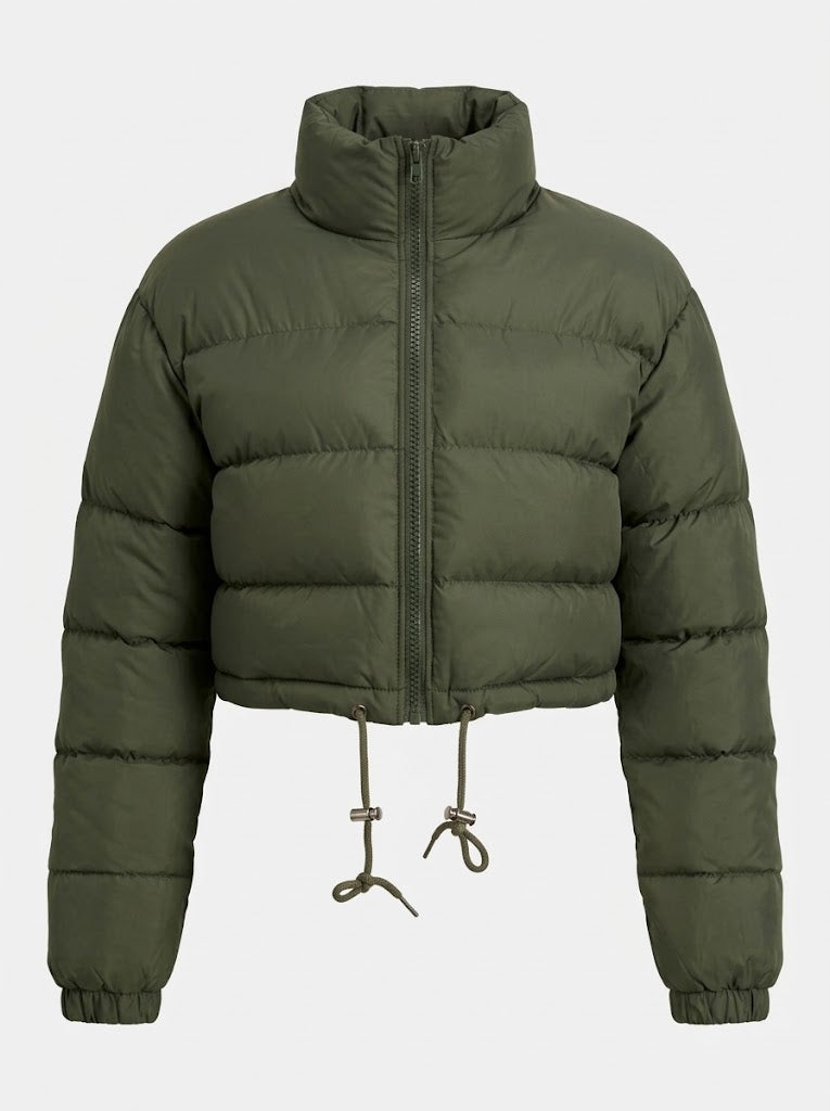Women’s Cropped Drawstring Puffer Jacket – Lightweight Quilted Layer for Winter