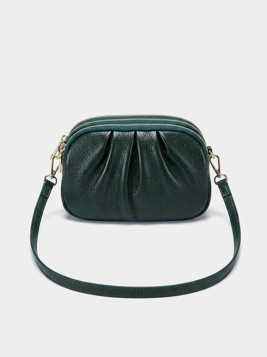 Women’s Genuine Leather Crossbody Bag – Pleated Compact Design with Three Zip Compartments