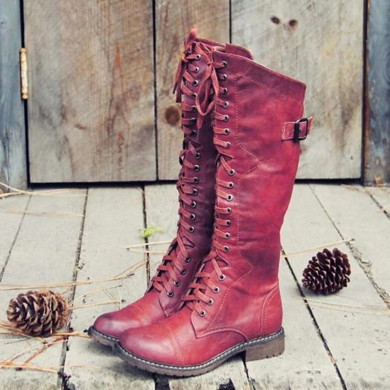 Women’s Knee-High Boots – Full Lace-Up with Low Block Heel