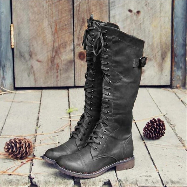 Women’s Knee-High Boots – Full Lace-Up with Low Block Heel