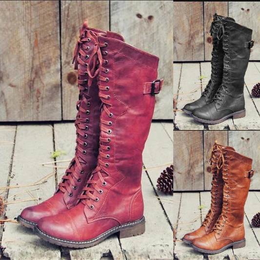 Women’s Knee-High Boots – Full Lace-Up with Low Block Heel