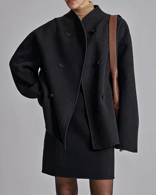 Women’s Short Coat – Double-Breasted Front with Stand Collar