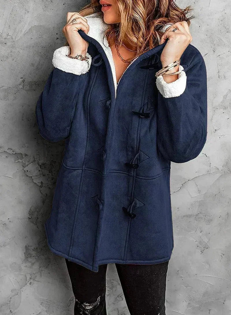 Women’s Fleece-Lined Hooded Duffle Coat – Relaxed Mid-Length Winter Outerwear with Toggle Closures and Plush Cuffs