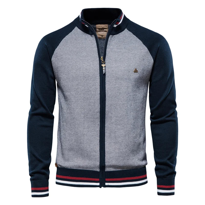 Men’s 100% Cotton Zip-Up Cardigan – Soft Stand-Collar Knit for Winter and Casual Wear