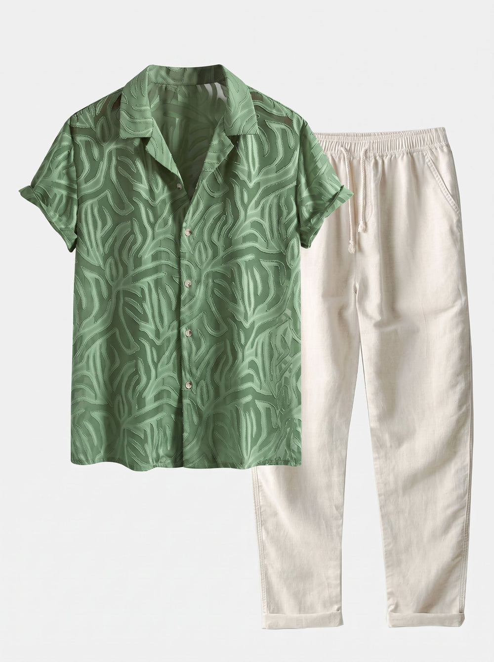 Men’s Cuban Collar Summer Co-Ord – Textured Shirt with Linen Blend Straight Trousers