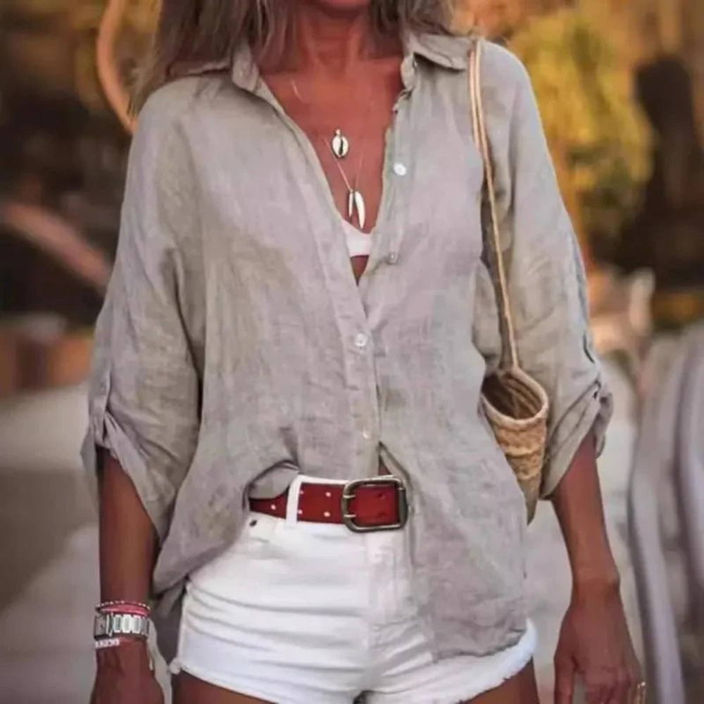 Women’s Relaxed Shirt Blouse – Lightweight Roll-Sleeve Layer for Spring and Summer Wear