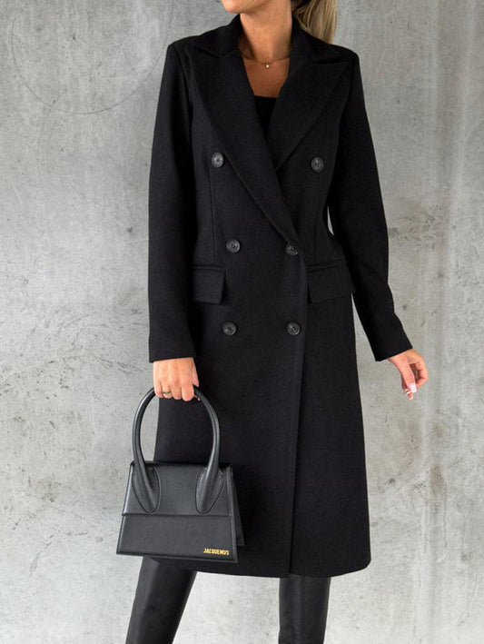 Women’s Double-Breasted Long Winter Coat – Tailored Lapel Layer for Elegant Cold-Weather Wear