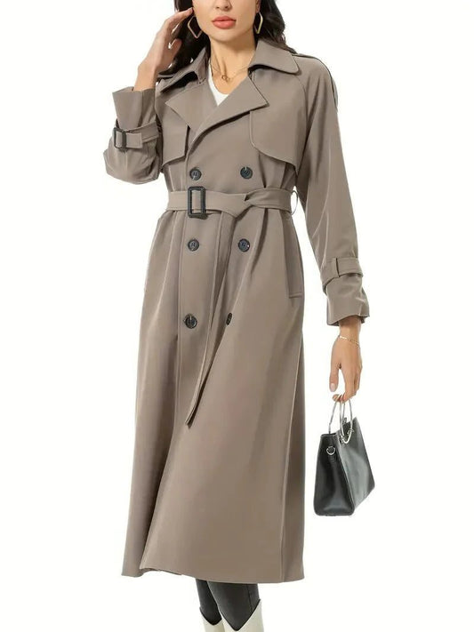 Women’s Double-Breasted Trench Coat – Belted Longline Coat with Wide Lapels for Smart Seasonal Layering