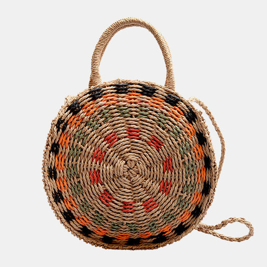 Women’s Woven Round Straw Handbag – Patterned Summer Carry Bag with Rope Handles