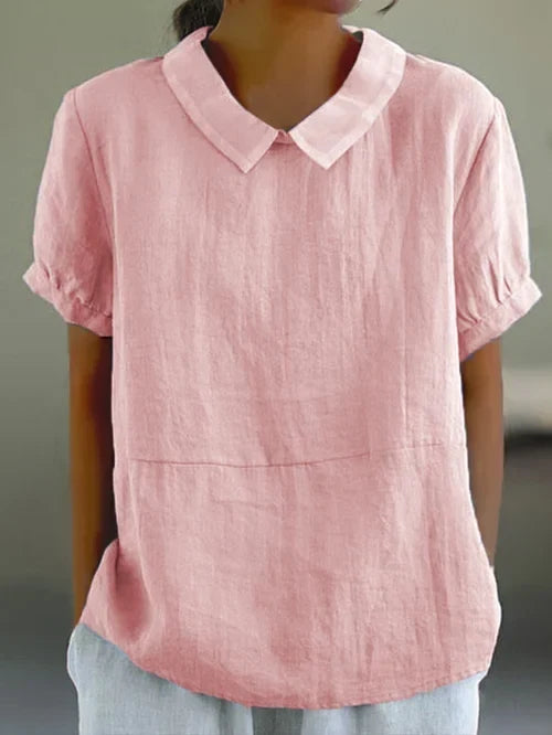Women’s Cotton-Linen Collared Blouse – Relaxed Short-Sleeve Style for Warm Everyday Wear