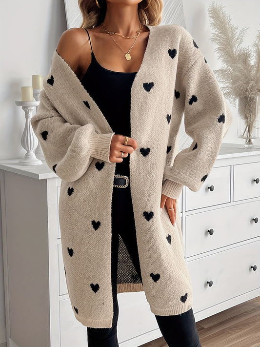 Women’s Open-Front Cardigan – Heart-Print Knit in Beige