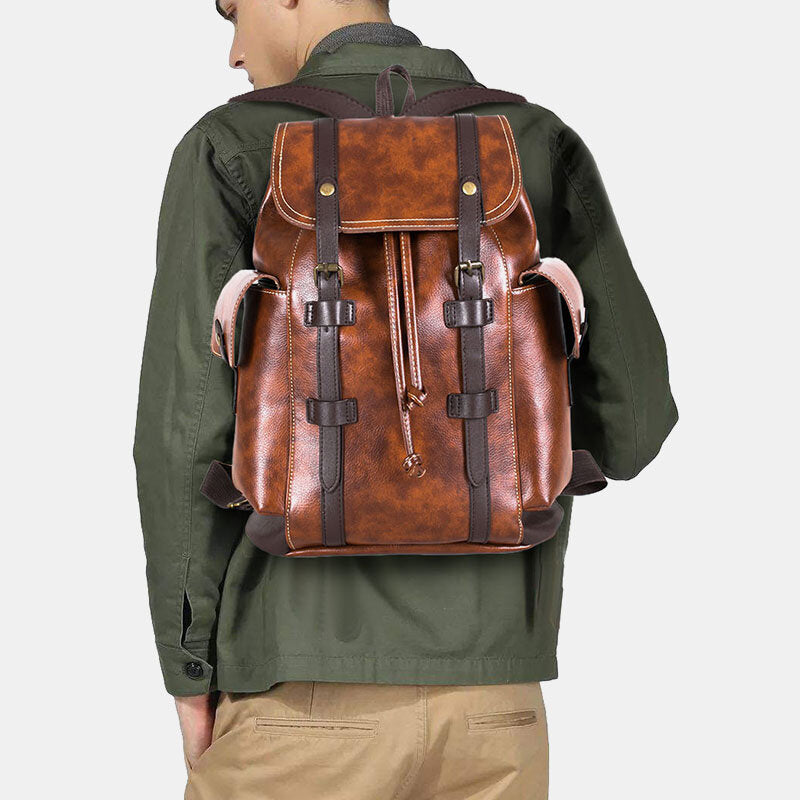 Unisex Vintage Faux-Leather Backpack – Drawstring Travel Bag with Flap Straps and Side Pockets