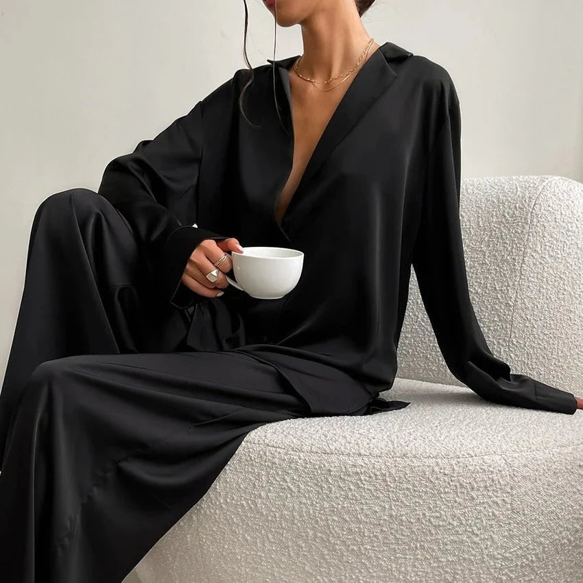 Women’s Satin Shirt and Wide-Leg Trouser Set – Relaxed Loungewear for Home and Travel