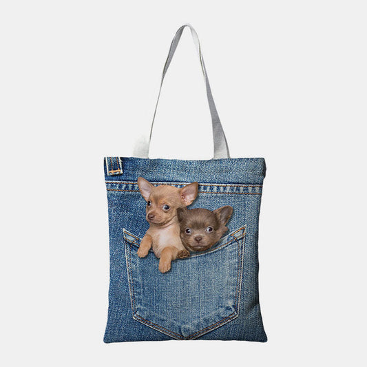 Women’s Canvas Tote Bag – Large-Capacity Shoulder Carryall with Playful Pet Pocket Print