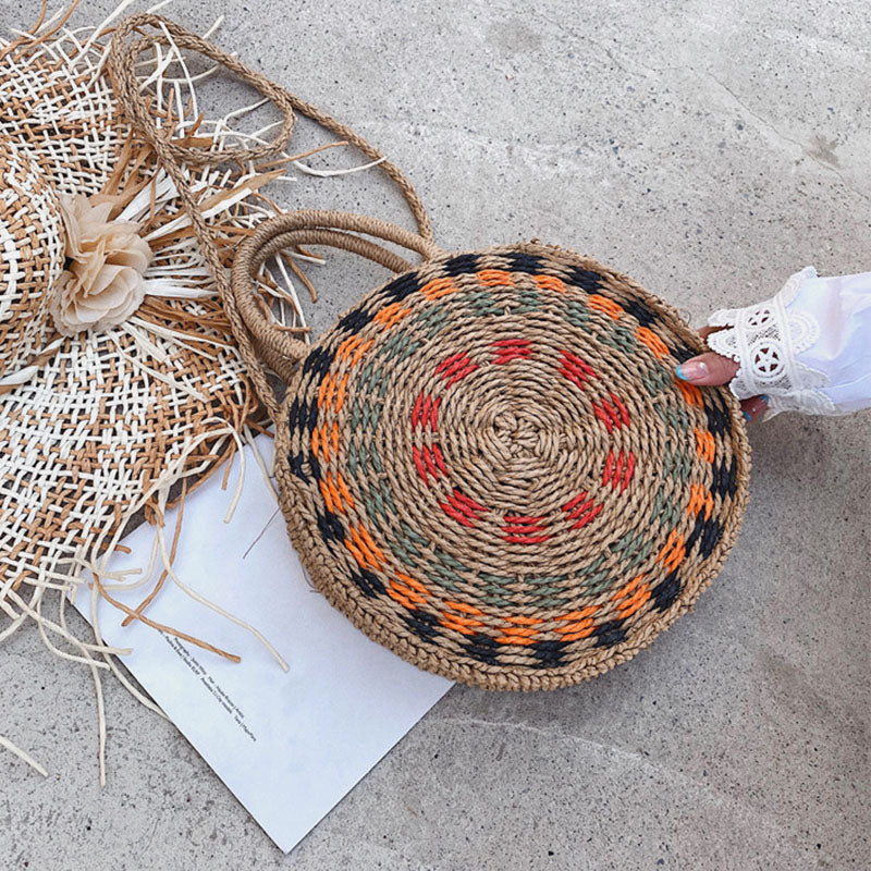 Women’s Woven Round Straw Handbag – Patterned Summer Carry Bag with Rope Handles