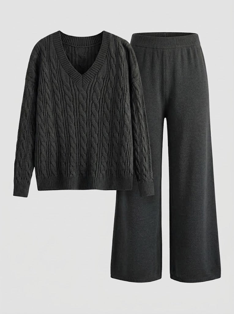 Women’s Cable-Knit Two-Piece Set – V-Neck Jumper with Stretch Wide-Leg Trousers for Autumn and Winter