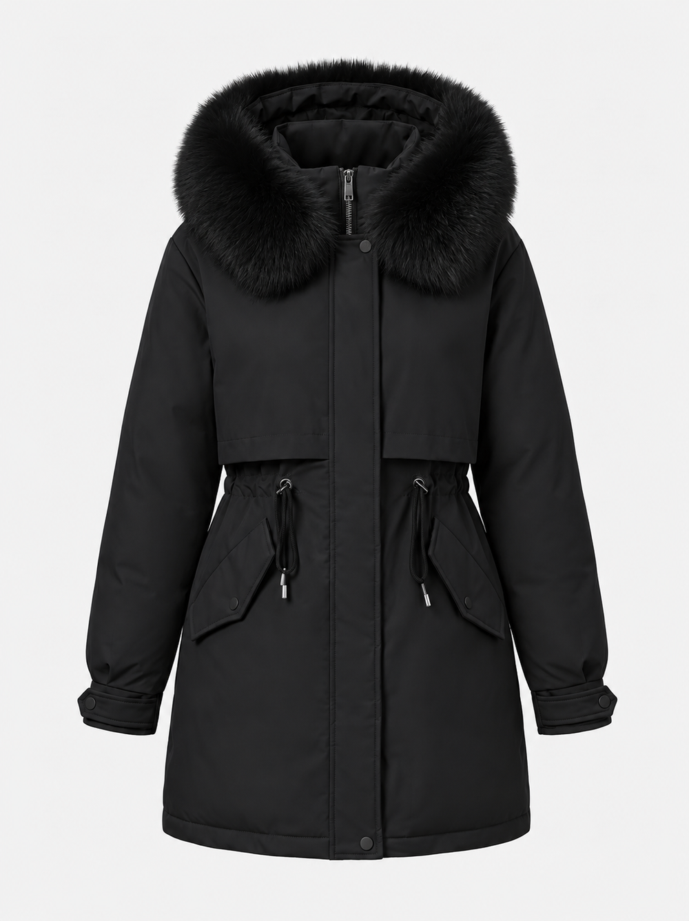 Women’s Faux-Fur Hooded Parka – Drawstring-Waist Winter Coat for Cold Weather