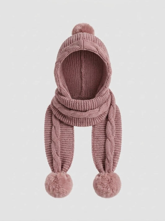 Women’s Knitted Hooded Scarf – Chunky Winter Wrap with Oversized Pom-Pom Ties