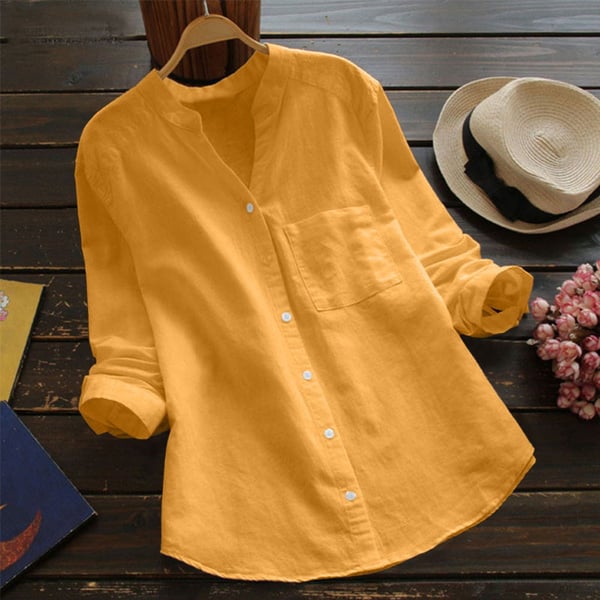 Women’s Linen Collarless Shirt – Breathable Long-Sleeve Layer for Warm Days