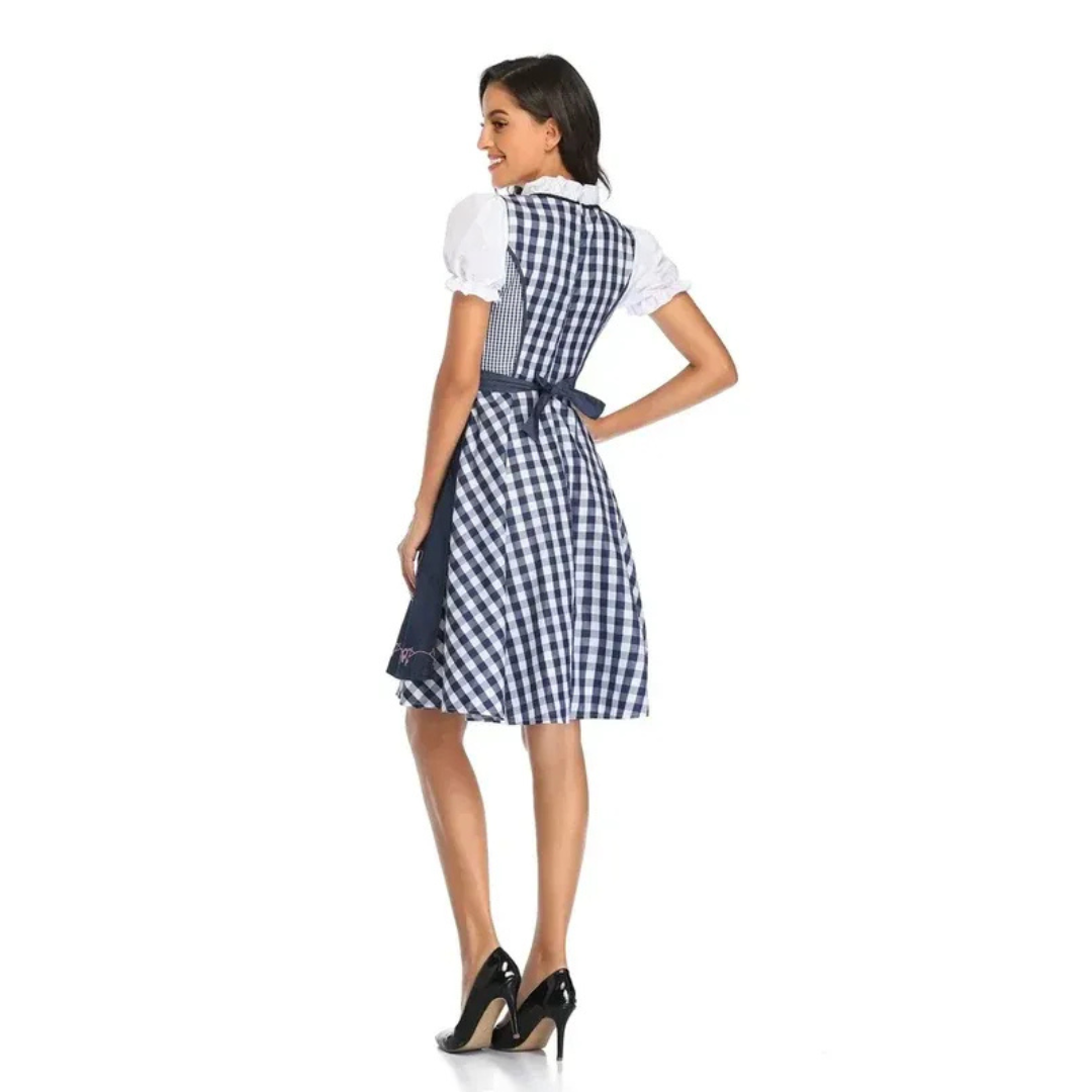 Women’s Check Dirndl Dress – Lace-Up Oktoberfest Midi for Traditional Celebrations