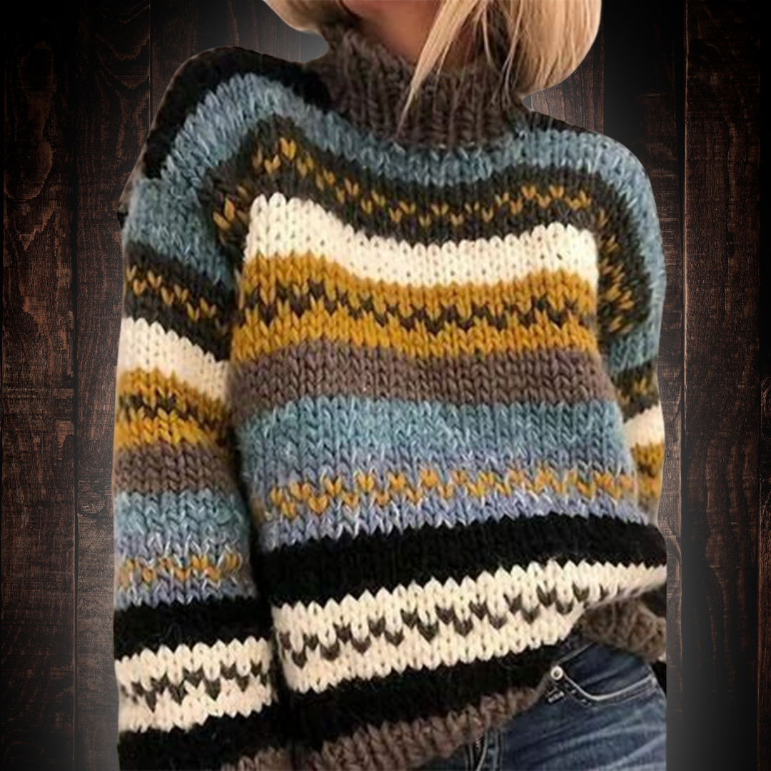 Women’s Chunky Knit Jumper – Striped Pattern with Stand Collar