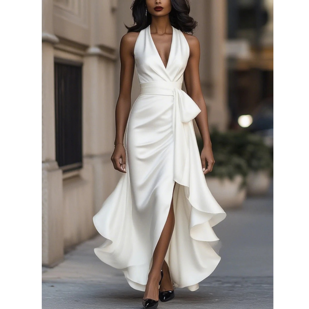 Women’s Halterneck Maxi Dress – Draped Wedding Guest Gown with Ruffle Hem