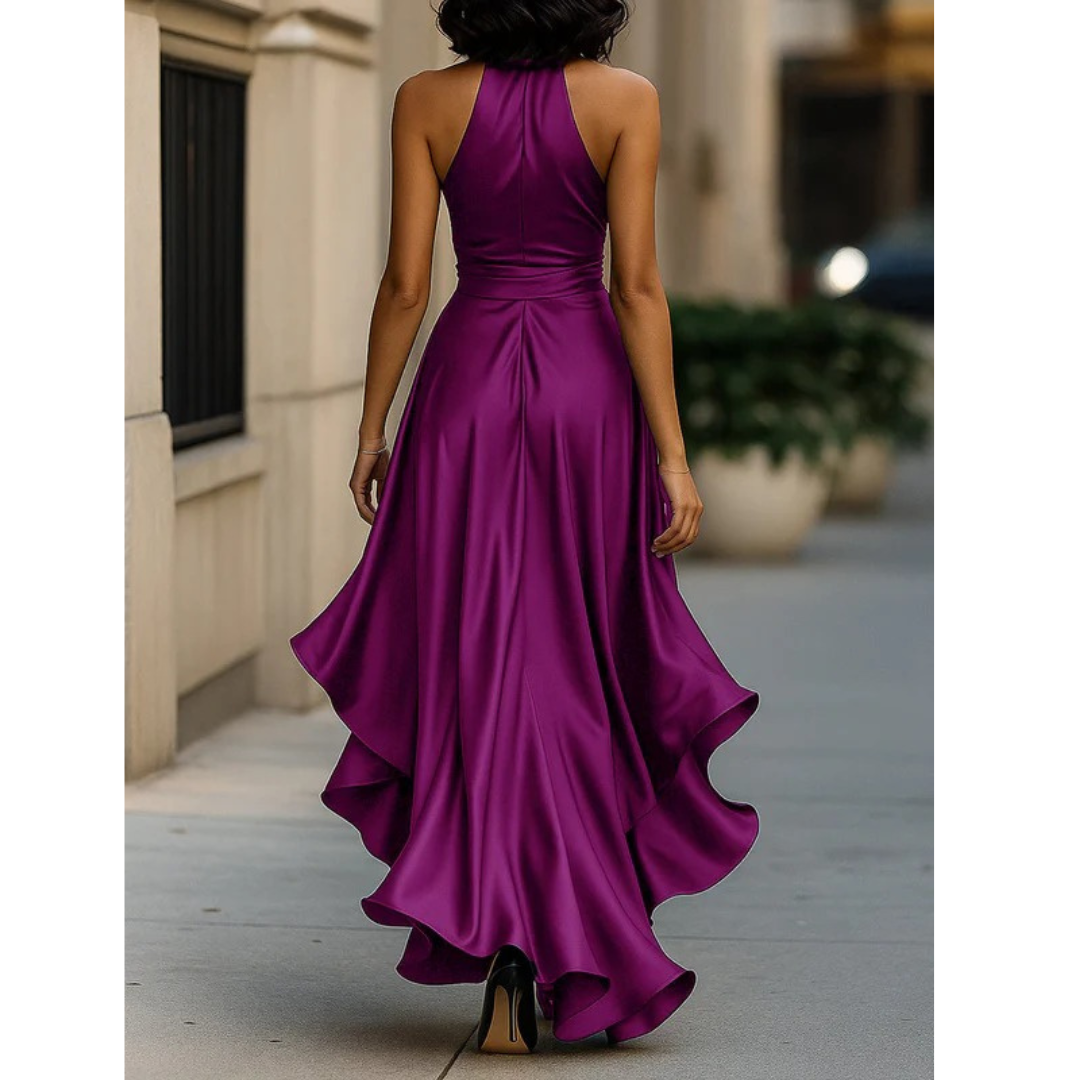 Women’s Halterneck Maxi Dress – Draped Wedding Guest Gown with Ruffle Hem