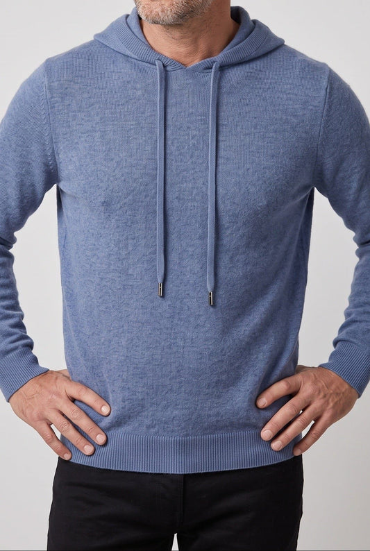 Men’s Knitted Hooded Sweater – Drawstring Pullover with Ribbed Trims for Casual Cold-Weather Layering