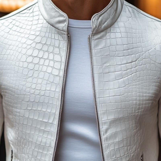 Men’s Crocodile-Embossed Leather Jacket – Stand-Collar Zip-Up Biker Jacket with Zipped Pockets for Smart Casual Wear
