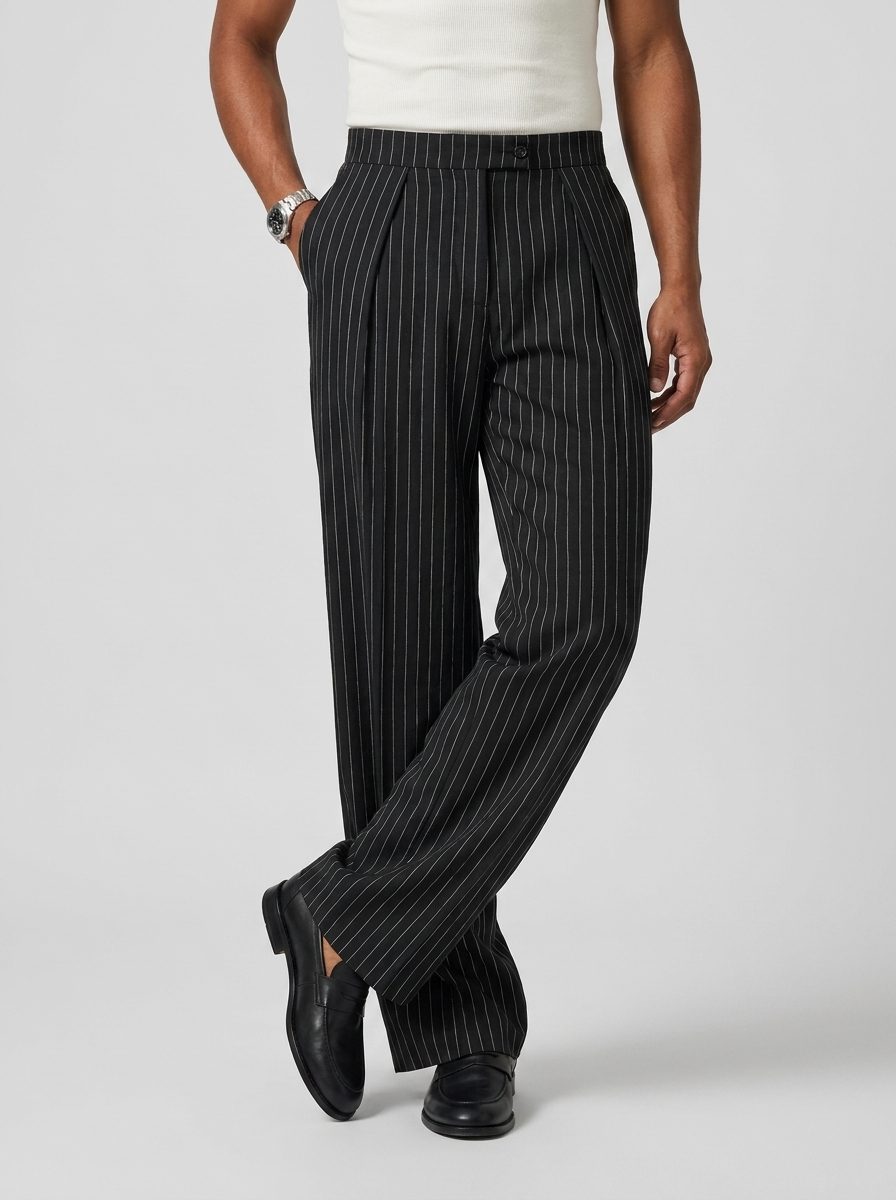 Men’s Pinstripe Wide-Leg Trousers – Pleated Tailored Pants with Side Pockets for Smart Casual and Formal Wear