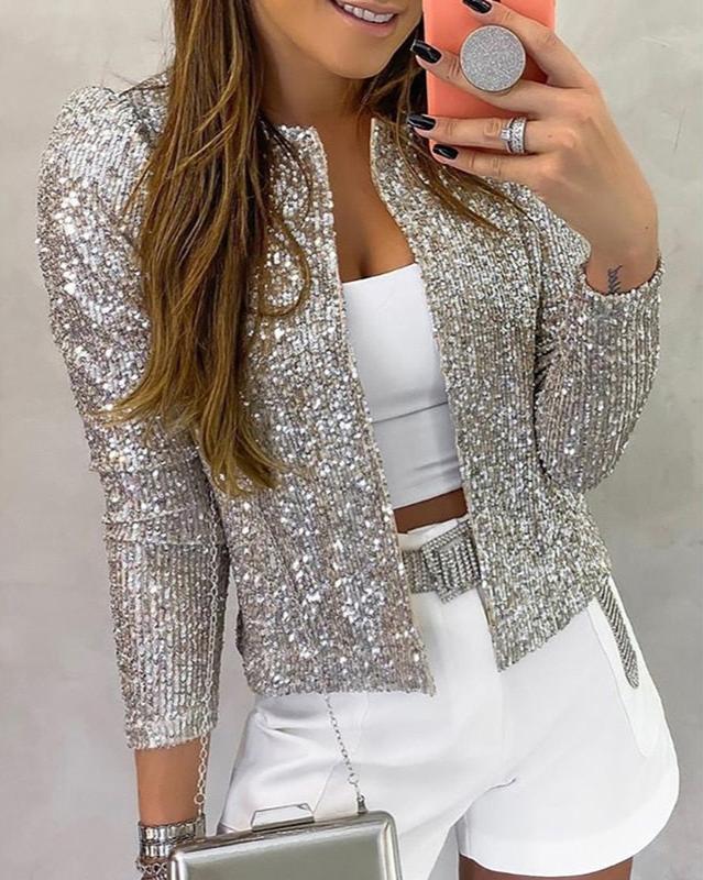 Women’s Cropped Jacket – Sequin Finish with Open Front