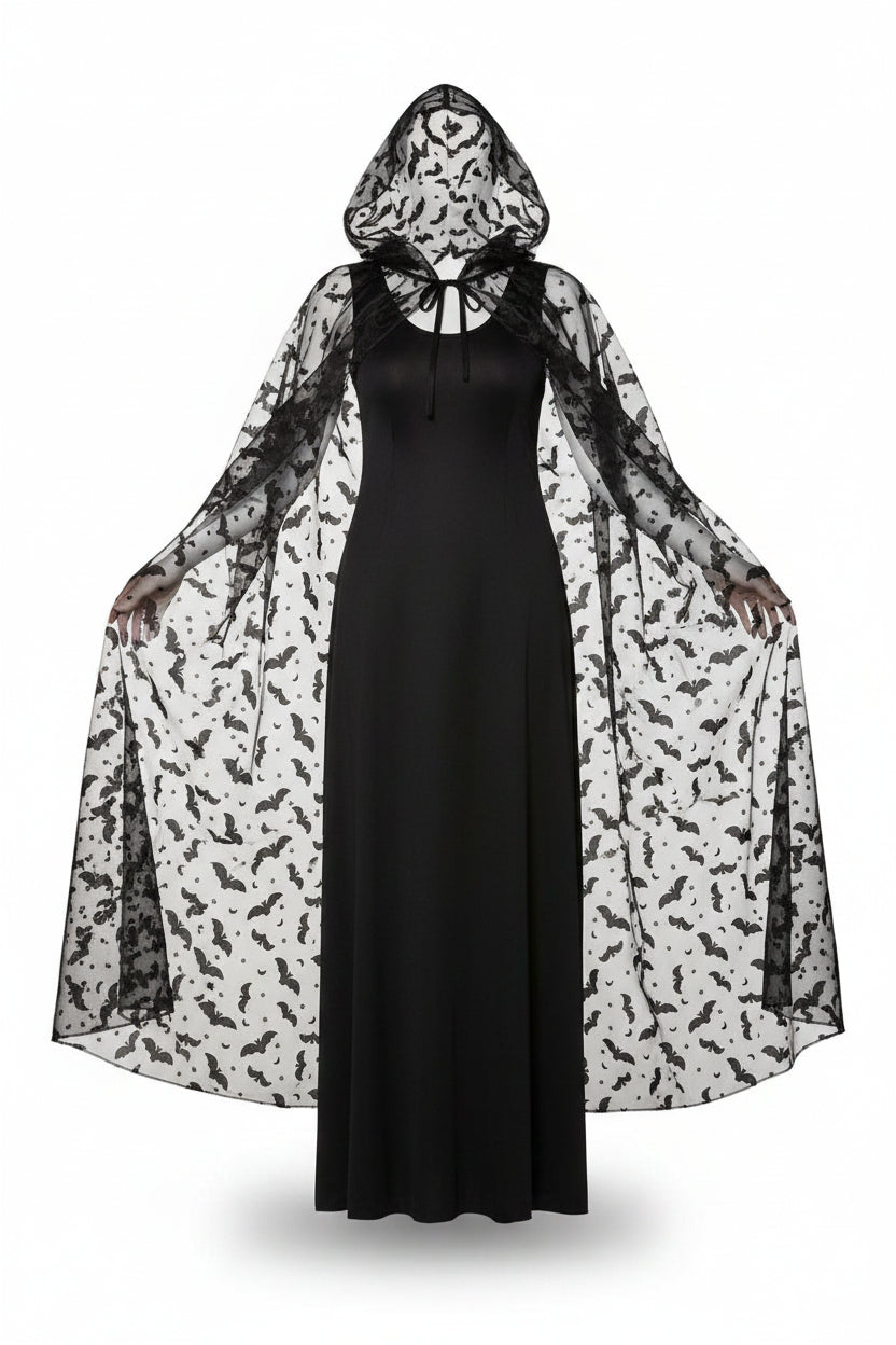 Women's Black Bat Hooded Cape Halloween Costume Accessory