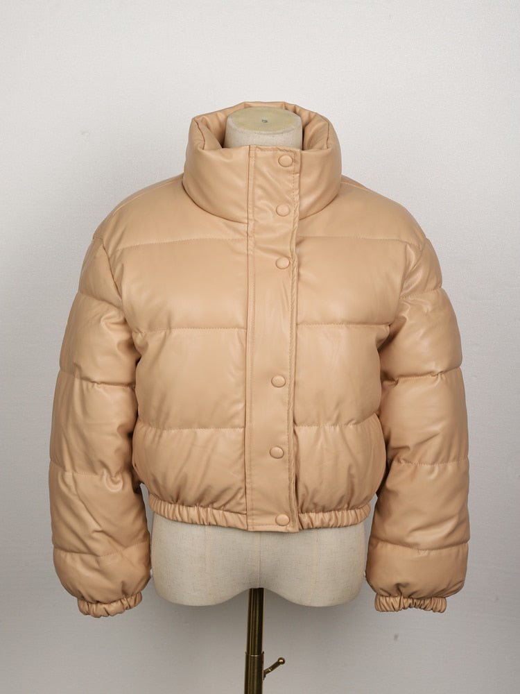 Women’s Faux Leather Puffer Jacket – Cropped Quilted Layer for Contemporary Winter Styling