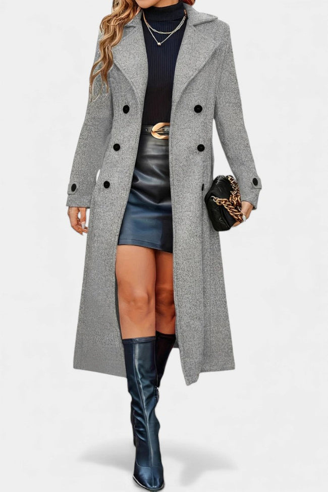 Women’s Long Coat – Double-Breasted Calf-Length Coat with Notch Collar