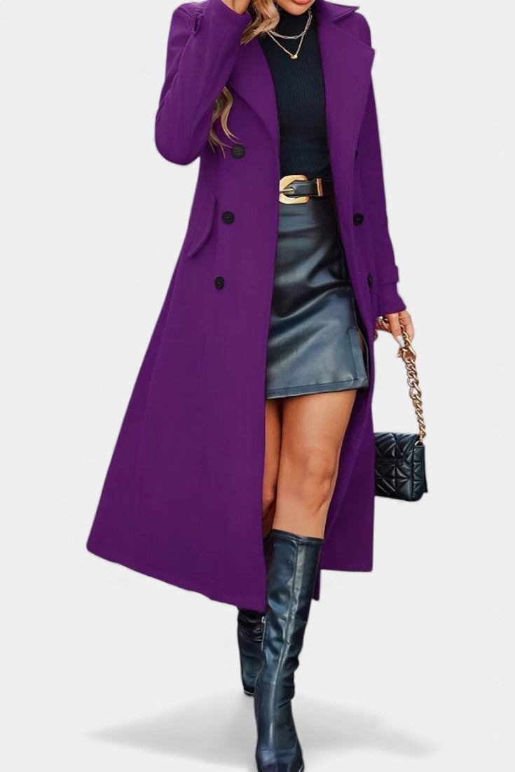 Women’s Long Coat – Double-Breasted Calf-Length Coat with Notch Collar