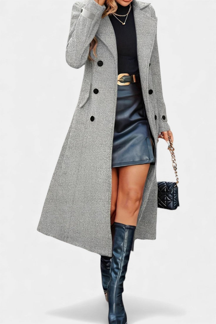 Women’s Long Coat – Double-Breasted Calf-Length Coat with Notch Collar