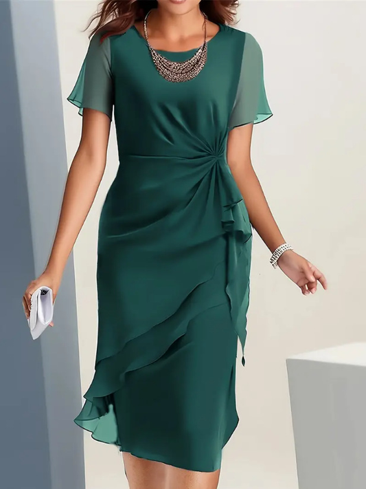Women’s Ruched Ruffle Midi Cocktail Dress – Elegant Wedding Guest Style for Evening Events