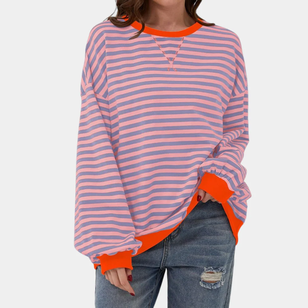 Women’s Oversized Striped Sweatshirt – Crew-Neck Long-Sleeve Pullover with Contrast Ribbed Trims