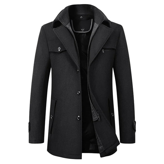 Men’s Wool Winter Coat – Stand-Collar Button-Front Overcoat with Zip Closure and Utility Pockets for Cold-Weather Wear