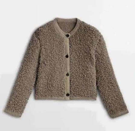 Women’s Bouclé Button Cardigan – Textured Crew-Neck Layer with Cropped Silhouette