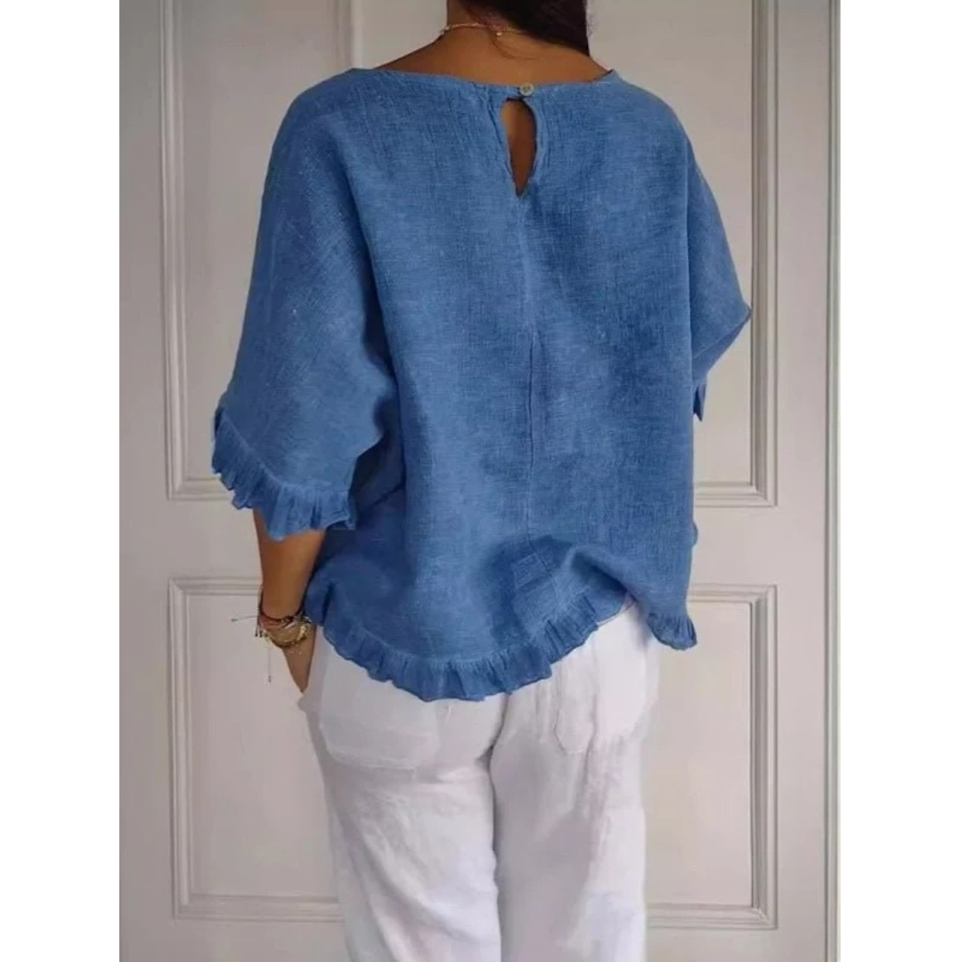 Women’s Ruffle Hem Blouse – Relaxed Half-Sleeve Top for Spring and Summer Wear