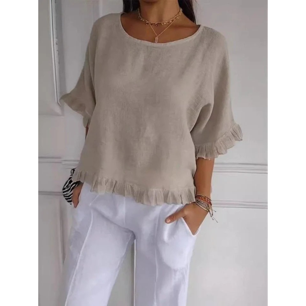 Women’s Ruffle Hem Blouse – Relaxed Half-Sleeve Top for Spring and Summer Wear
