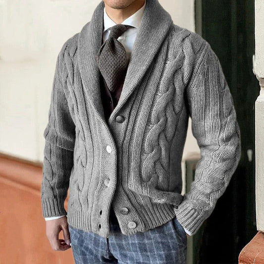 Men’s Cable-Knit Shawl Collar Cardigan – Button-Front Sweater with Textured Knit for Smart Casual Layering