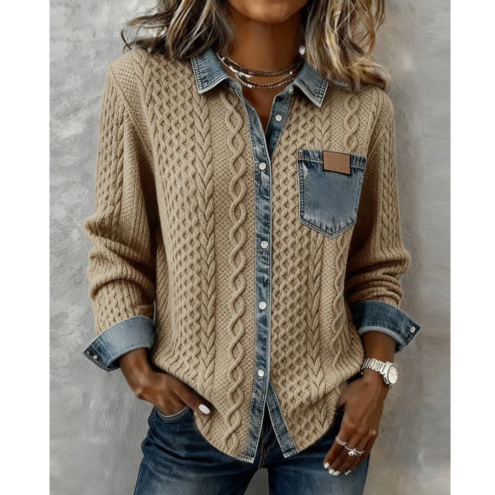 Women’s Cable Knit Shirt Blouse – Denim-Trim Button-Up Layer for Casual and Office Wear