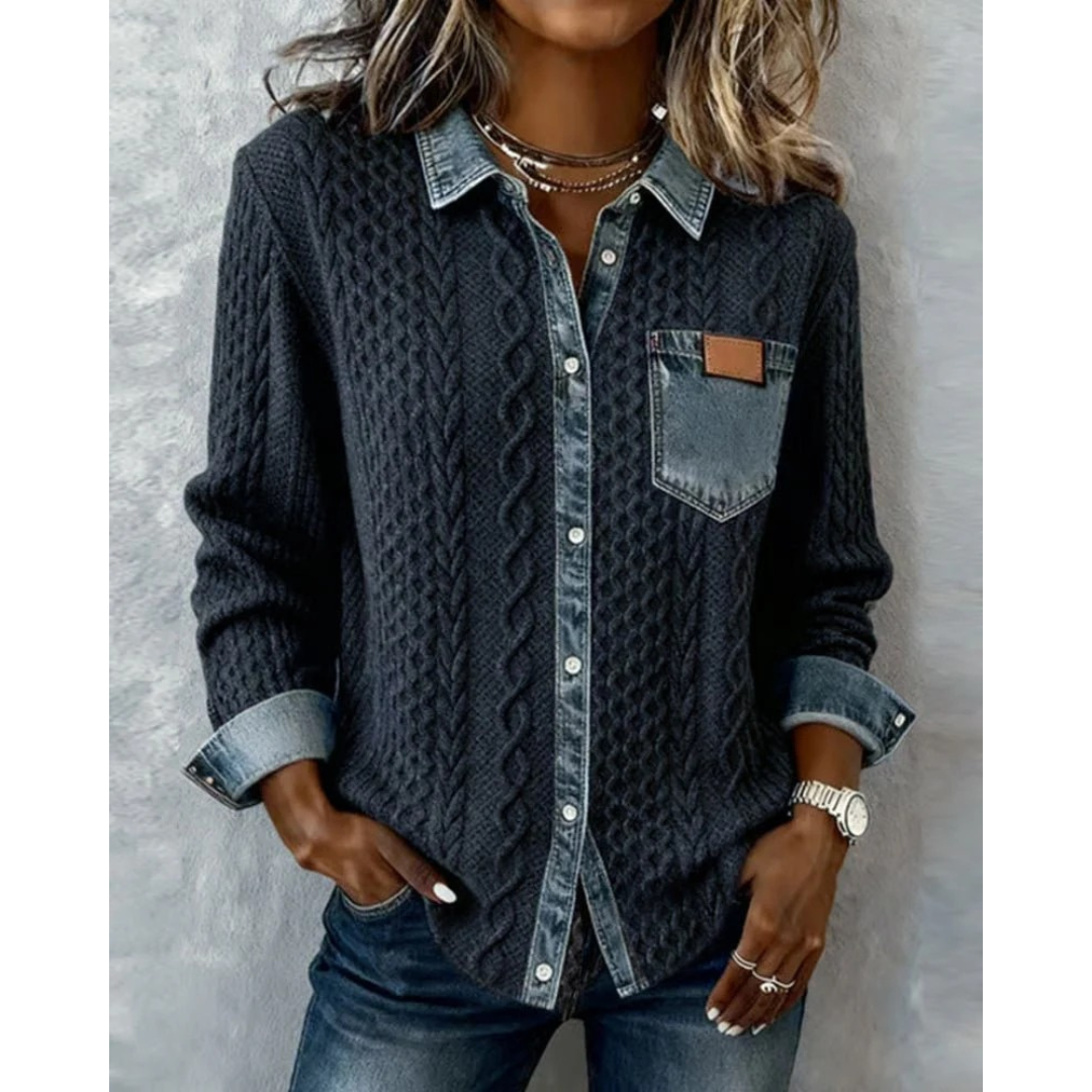 Women’s Cable Knit Shirt Blouse – Denim-Trim Button-Up Layer for Casual and Office Wear