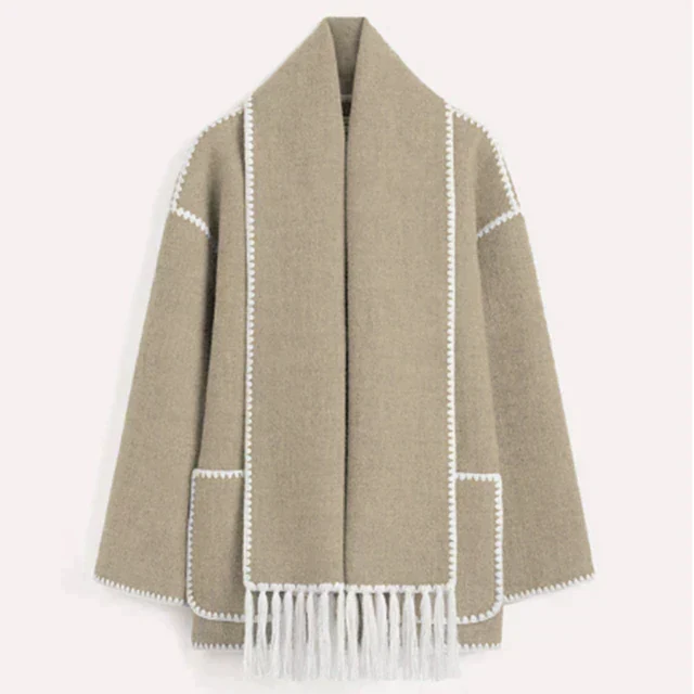 Women’s Oversized Scarf-Detail Winter Jacket – Contrast-Stitch Button Layer for Cold-Weather Styling